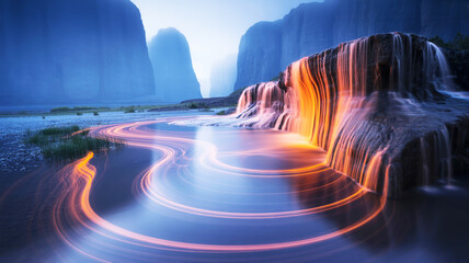 Mystical landscape featuring a vibrant waterfall cascading into a serene river, illuminated by ethereal orange light trails, creating a surreal flow through the majestic, blue-toned cliffs
