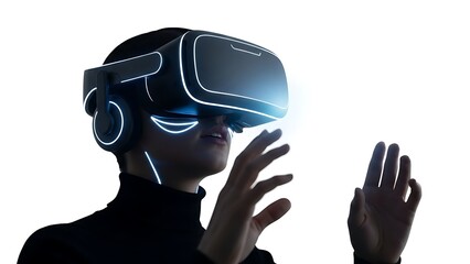 Experience virtual reality with cutting edge VR headset technology, exploring immersive digital worlds with futuristic vibes and neon accents for gaming and simulation