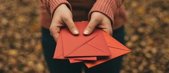 Person holding a stack of red envelopes in their hands outdoors in autumn
