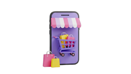 Online Shopping Concept Illustration of a Smartphone with a Shopping Cart and Bags Representing E-commerce and Digital Retail Transactions on a Transparent Background