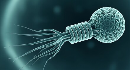 Abstract 3D rendering of a complex, geometric spherical structure with a tail-like appendage, resembling a bacteriophage virus, in a teal blue scientific setting.