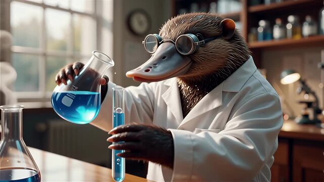 A smart platypus scientist wearing a white lab coat and glasses pouring blue liquid into a test tube in a laboratory.
With motion blur and bokeh background.