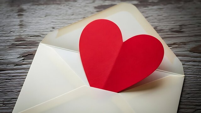 Red paper heart in an open vintage envelope on a rustic wooden background.