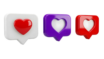 Three colorful heart icons isolated on transparent background