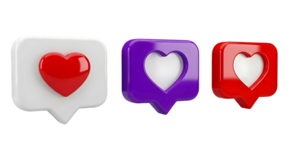 Three colorful heart icons isolated on transparent background