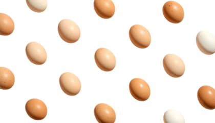Overhead shot of numerous eggs on a black background, various shades and textures