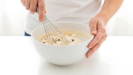 Enjoying home baking fun mixing a delicious batter with chocolate chips, perfect for creating mouthwatering cookies or a tasty cake treat