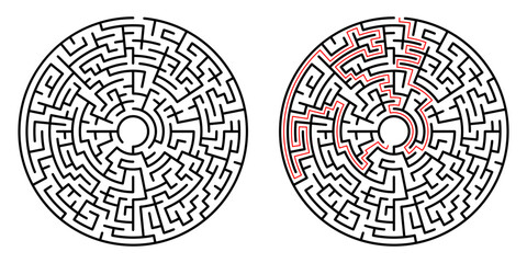 Detailed maze design showcases a complex circular labyrinth with sharp contrast and clear paths. The intricate puzzle emphasizes logic and problem solving, drawing the viewer into its structured chall