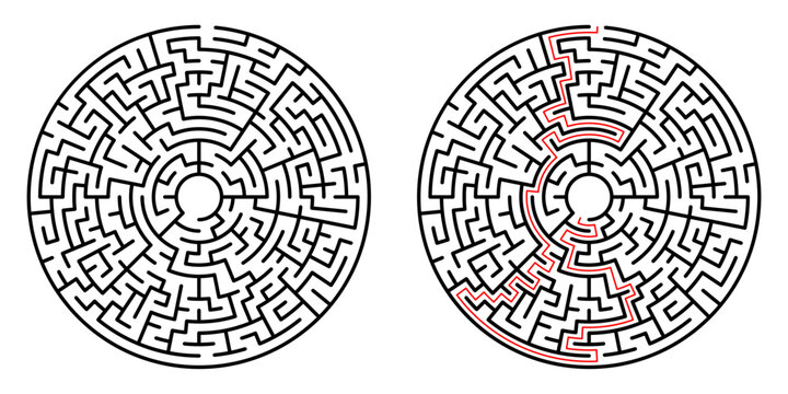 Detailed maze design showcases a complex circular labyrinth with sharp contrast and clear paths. The intricate puzzle emphasizes logic and problem solving, drawing the viewer into its structured chall