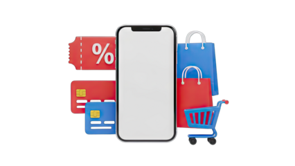 Online Shopping Concept Smartphone With Credit Cards Shopping Bags Discount Coupons And Mini Cart On Transparent Background