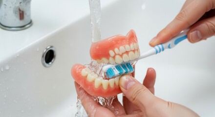 Cleaning artificial teeth with toothbrush under running water