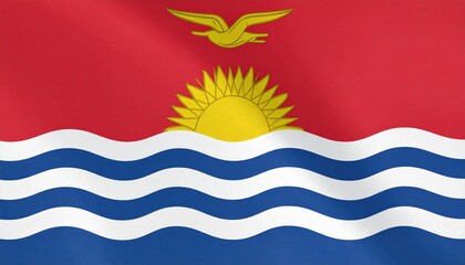 Kiribati flag with red field, yellow frigatebird, rising sun with rays, and blue-white ocean waves.
