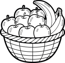 A cartoon vector illustration of a basket full of apples and other ripe fruit for autumn thanksgiving food