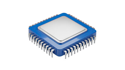 Modern Blue Processor Chip with Silver Top and Numerous Pins on a Transparent Background