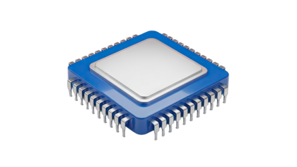 Modern Blue Processor Chip with Silver Top and Numerous Pins on a Transparent Background