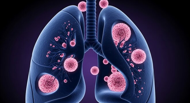 Artistic visualization of human lungs affected by pink, spherical viruses, showing the respiratory system under attack by disease.