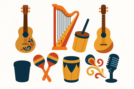 Venezuelan folk instrument icons in flat colorful vector grid with bright cultural palette on white background