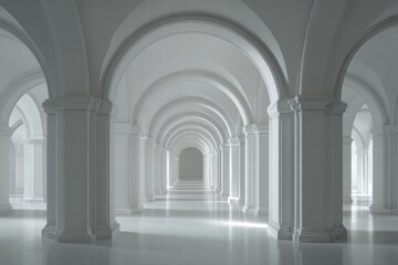 Naklejka premium A long hall with white columns and arched ceilings. The architecture is symmetrical, and the floor is shiny reflecting light. Clean and peaceful.
