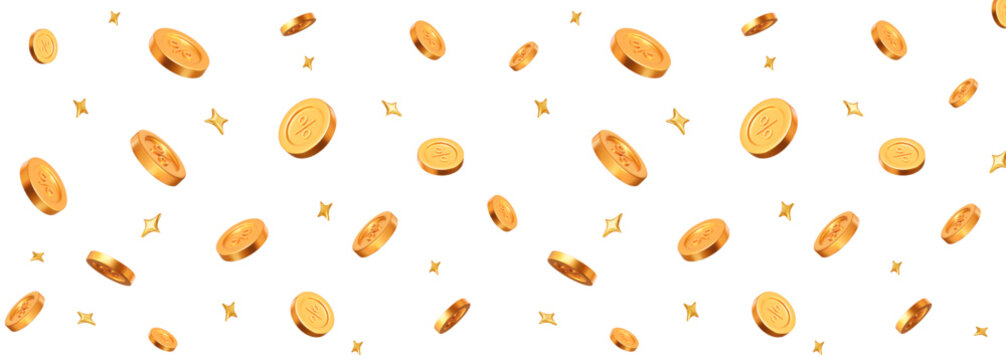 3d flying golden coins with percent sign with stars. Horizontal banner. Stock vector illustration on isolated background.