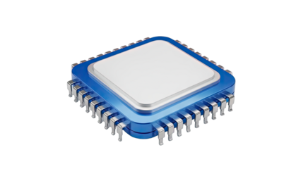 Modern Blue Microprocessor Chip with Silver Ceramic Top and Many Pins on a Clean Black Background Technology Concept