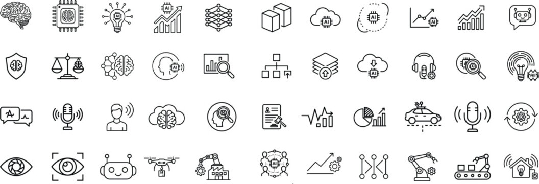 Ai and machine learning vector illustration icons set, neural network elements, robotics automation, cloud computing, prediction models, smart algorithms and artificial intelligence technology