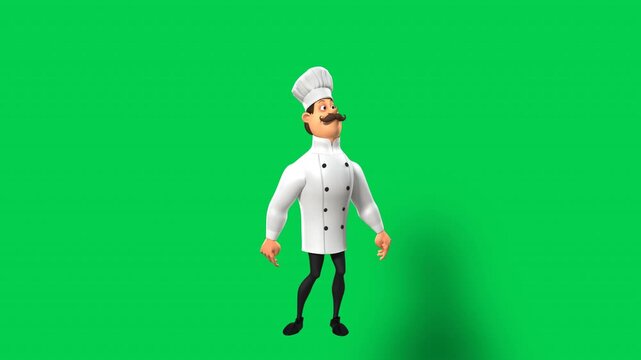 3D animated chef character talking people, talking camera and additional motion zoom poses on a green screen background. ideal for culinary branding, restaurant promos, explainer videos, and social me