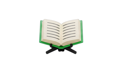 Open Quran Book With Green Cover On A Stand Detailed Illustration With Black Stand And White Pages Showing Text Lines Isolated On Transparent Background