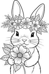 Charming Bunny with Flower Crown and Bouquet Illustration