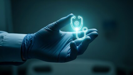 Medical professional holding glowing stethoscope icon