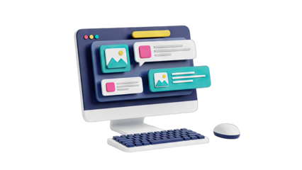 Modern Computer Display Showing Web Interface with Messaging Chat Bubbles and Image Placeholders on a Transparent Background