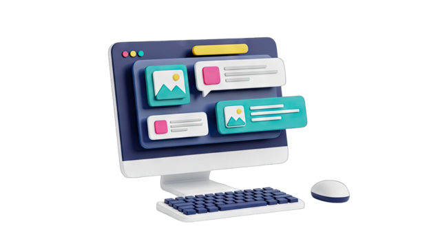 Modern Computer Display Showing Web Interface with Messaging Chat Bubbles and Image Placeholders on a Transparent Background - Powered by Adobe