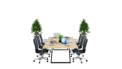 Modern Conference Room with Light Wood Table Black Chairs and Potted Plants Transparent Background for Business Meetings and Office Environments