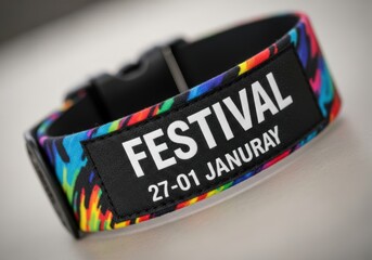 Colorful festival wristband with date isolated on white background