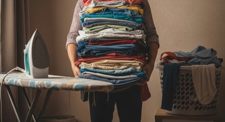 Person holding a large pile of clothes for ironing