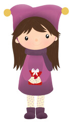 Cute Christmas Girl Holding Gift – Purple Elf Hat Winter Illustration PNG