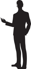 Fototapeta premium Silhouette of a professional in a suit, pointing with a stylus, likely giving a business presentation or speech.
