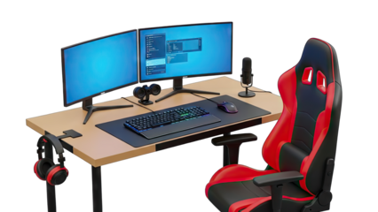 Modern Gaming Setup With Dual Curved Monitors Keyboard Mouse Headset and Ergonomic Chair on a Transparent Background for Digital Content Creation and E-sports Enthusiasts