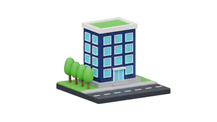 Modern Office Building with Green Roof and Blue Windows Set Against a Transparent Background Featuring Surrounding Greenery and a Road in a Pixelated Style