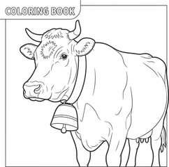 Cow Coloring Book Page with Bell Around Neck