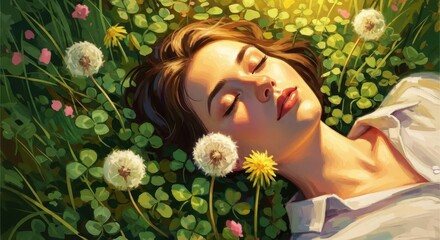 Woman sleeping peacefully among dandelions and clover