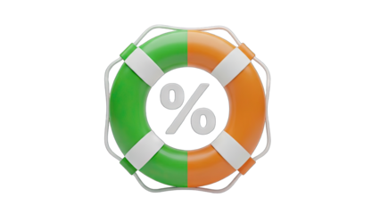 Orange and Green Life Buoy with Percentage Symbol in the Center on a Transparent Background Representing Financial Safety and Savings