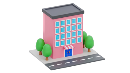 Modern Pink Four Story Building With Blue Doors And Windows And Green Trees On A Paved Road With White Lines On A Transparent Background