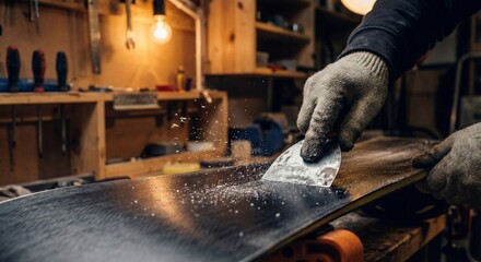 Close Up of Worker Hand Wearing Glove Using Scraper Tool on Wood Surface