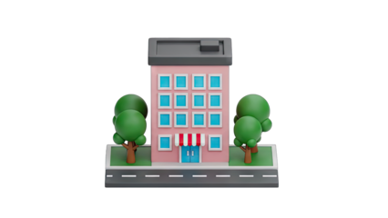 Modern Pink Building With Blue Windows and Red Striped Awning Surrounded by Green Trees and Sidewalk on a Transparent Background