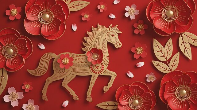 Golden horse with red flowers and leaves on red background for chinese new year - Powered by Adobe