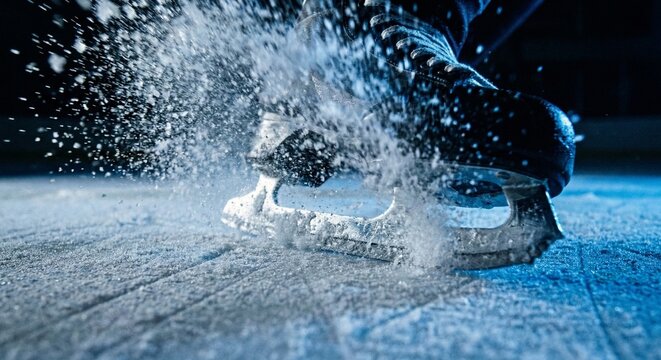 Ice Skater Stopping on Ice Rink Spraying Snow Powder
