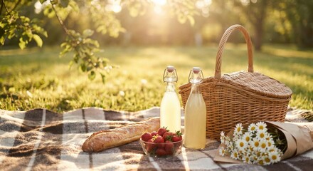 Picnic Basket with Lemonade and Fruits in Park