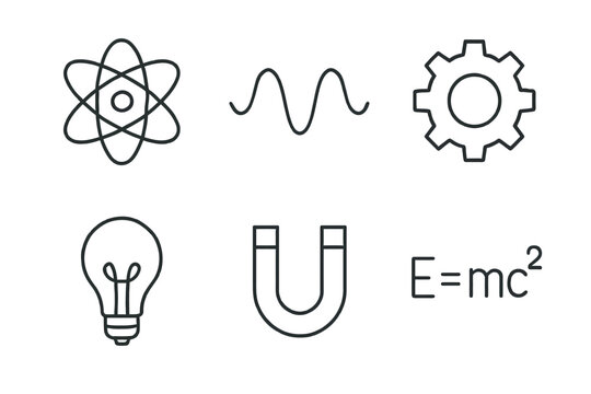 Science icons set featuring atom, wave, gear, bulb, magnet, and e=mc&sup2;