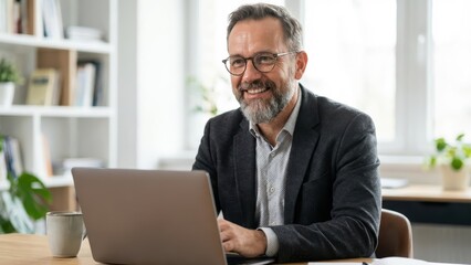 Happy successful middle-aged businessman working on a laptop in a bright modern office looking at camera
