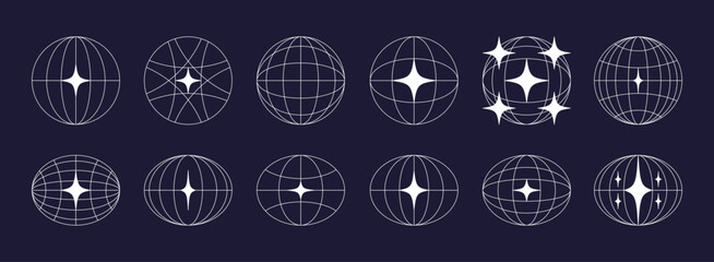 World globe retro grids in oval and round form with stars icons set. earth latitude and longitude line grid. futuristic design elements.